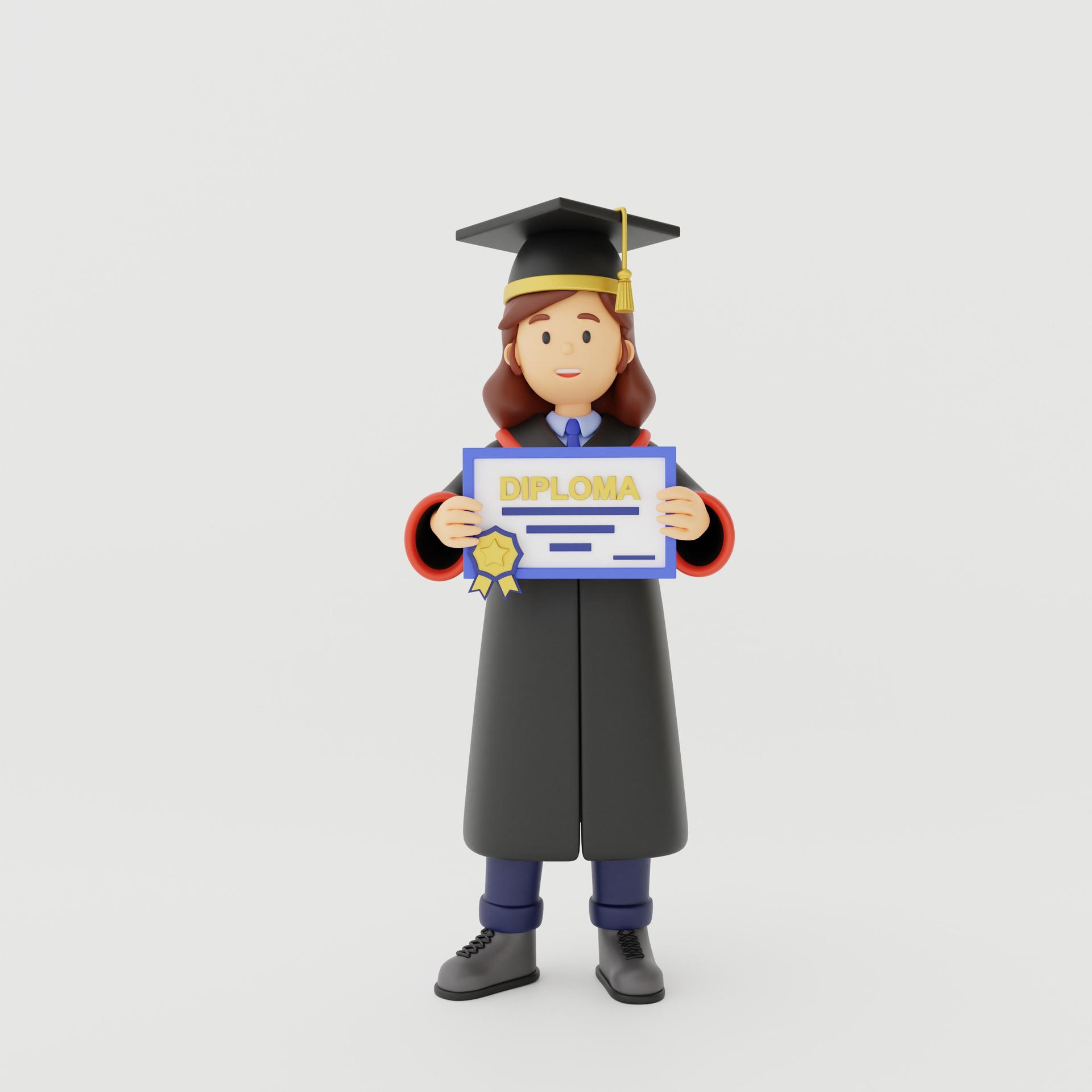 3D character of a graduate with a diploma in his hands.