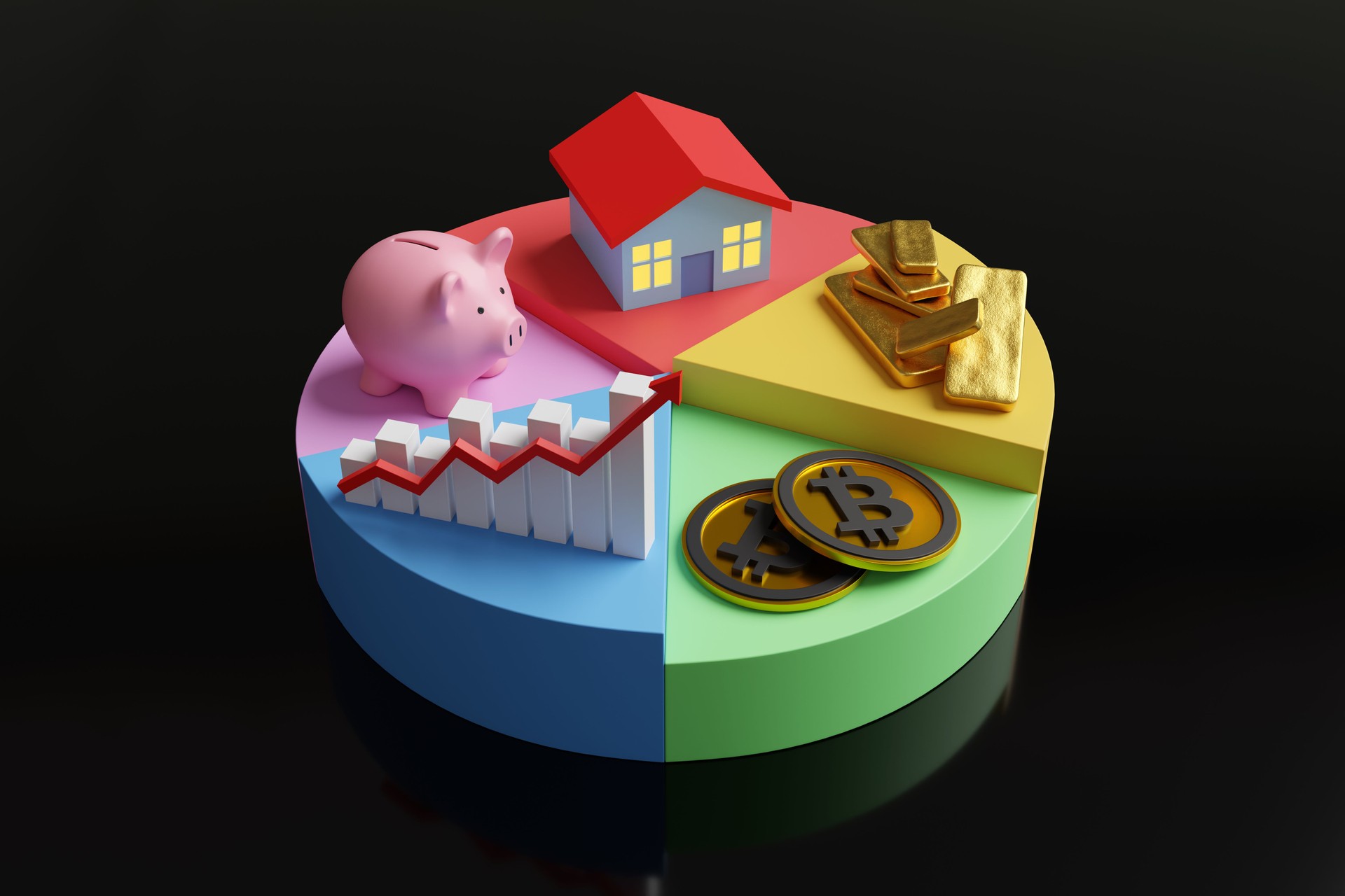 House, gold bars, bitcoins, stock chart and piggy bank on a multi-colored pie chart on reflective black background. Illustration of concept of asset allocation ratio and investment diversification